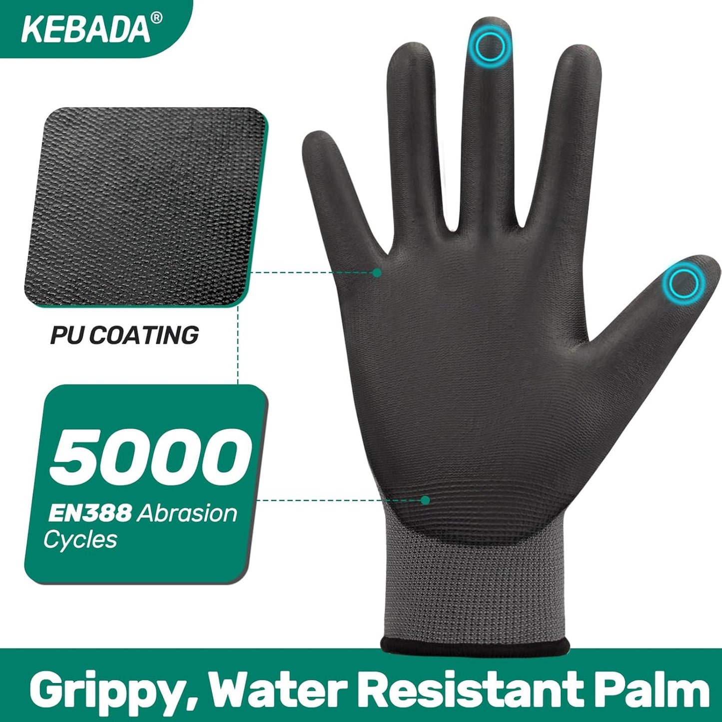 Kebada W1 Work Gloves for Men and Women, PU Coated Safety Gloves with Grip, Touchscreen, Ideal for Warehouse Package Handling, Construction, Gardening, 12 Pairs Gray Medium