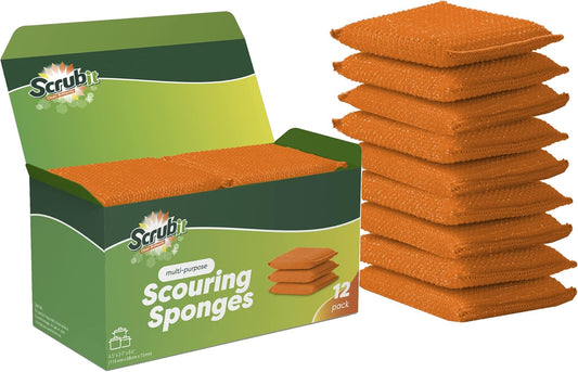 SCRUBIT Multi-Purpose Dish Scrub Sponge, Non Scratch Scouring Pads, Cleaning Sponges for pots, Dishes & Non-Stick Cookware - Pot Scrubber Sponges for Kitchen & Bathroom - 12 Pack Dish Sponge (Orange)