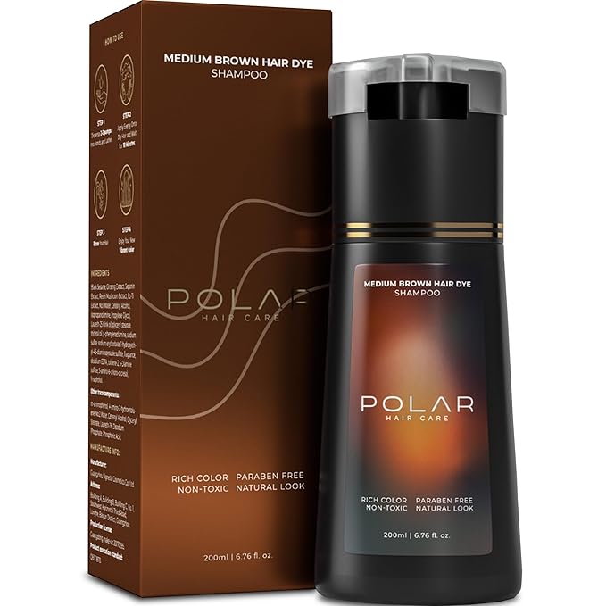 POLAR HAIR CARE Hair Dye Shampoo for Gray Hair for Women & Men (Medium Brown) Natural Hair Dye Kit - Semi Permanent Hair Dye Shampoo - Vegan Hair Dye USA 6.76 Fl Oz Shampoo Dye Hair Color Dark Brown