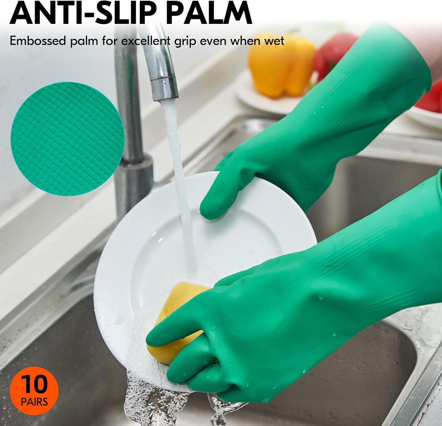 Vgo... 10-Pairs Reusable Household Gloves, Rubber Dishwashing gloves, Extra Thickness, Long Sleeves, Kitchen Cleaning, Working, Painting, Gardening, Pet Care (Size XL, Green, HH4601)