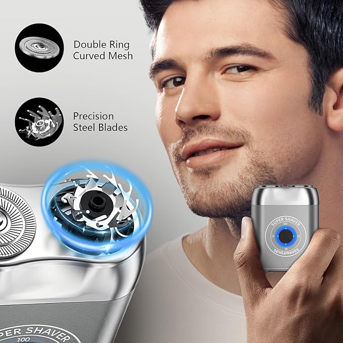 Electric Shaver for Men, Portable Travel Shaver for Face & Beard, IPX7 Waterproof Rechargeable Razor with Detachable Head, Cordless Wet/Dry Shaving, Easy Cleaning, Includes Storage Case (Silver)