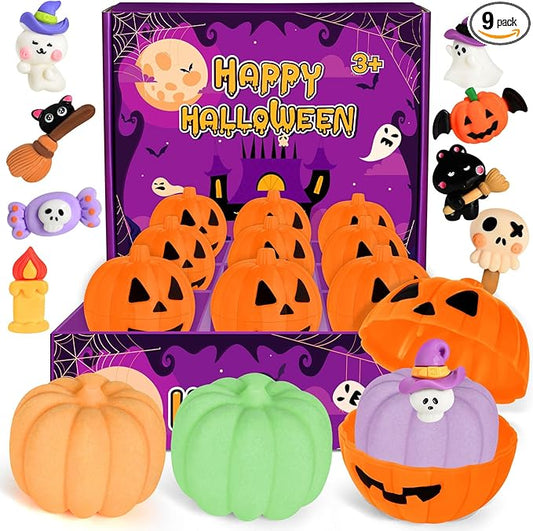 9 Pack Halloween Pumpkin Bath Bombs for Kids, Halloween Bubble Bath with Surprise Toy Inside, Halloween Treat Bags Gifts for Kids Girls Boys