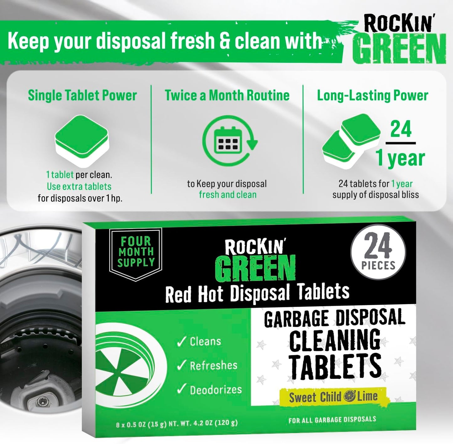 Rockin' Green Deep Cleaning and Deodorizing Tablets for Dishwashers, Washing Machines, and Garbage Disposals, Removes Odor and Residue (Garbage Disposal Cleaning Tablets, 24 Pack)