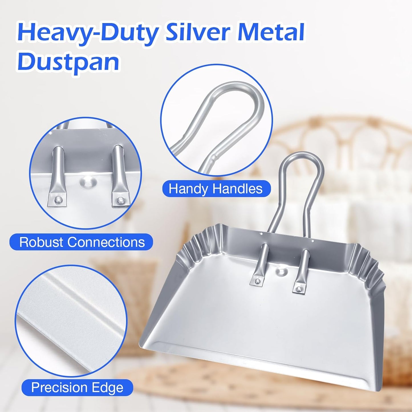 Mumufy 4 Pcs 16 Inch Heavy Duty Metal Dustpan Large Wide Dust Pans for Household Handheld Wide Scooper and Debris Cleaning Tool Ideal for Home and Commercial Use (Sliver)