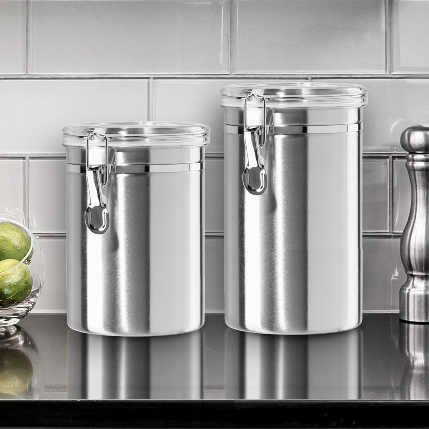 OGGI Stainless Steel Kitchen Canister 52 fl oz - Airtight Clamp Lid, Clear See-Thru Top - Ideal for Kitchen Storage, Food Storage, Pantry Storage. Large Size 5" x 6".