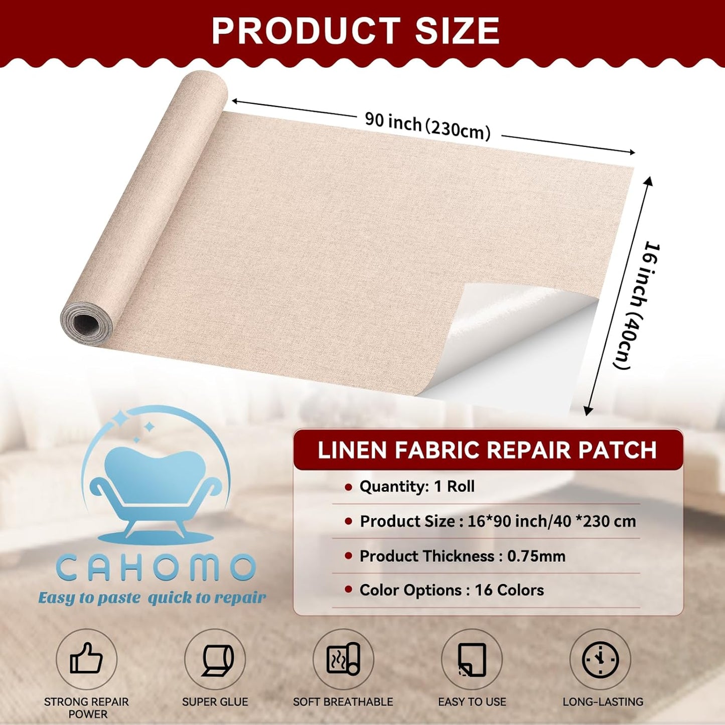 Linen Repair Tape 16x90 inch, Self Adhesive Fabric Patches, Linen Patch Tape Kit, Fabric Repair Tape for Couch Sofas, Headboards, Chairs, Pillows, Curtains, Couches - White