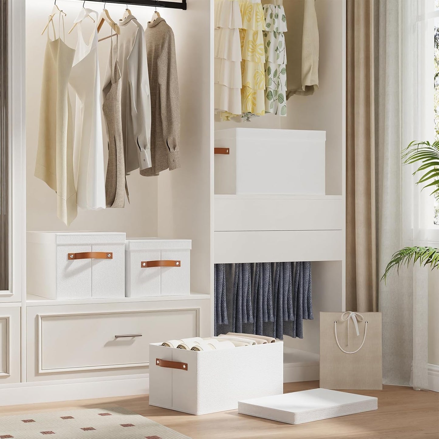 Fabric Storage Bins, 7.1 x 9.1 x 13 Inch Clothes Boxes for Shelves with Lids, Baskets for Organizing with Handles, Decorative Linen Closet Organizers, White, 5 Pack