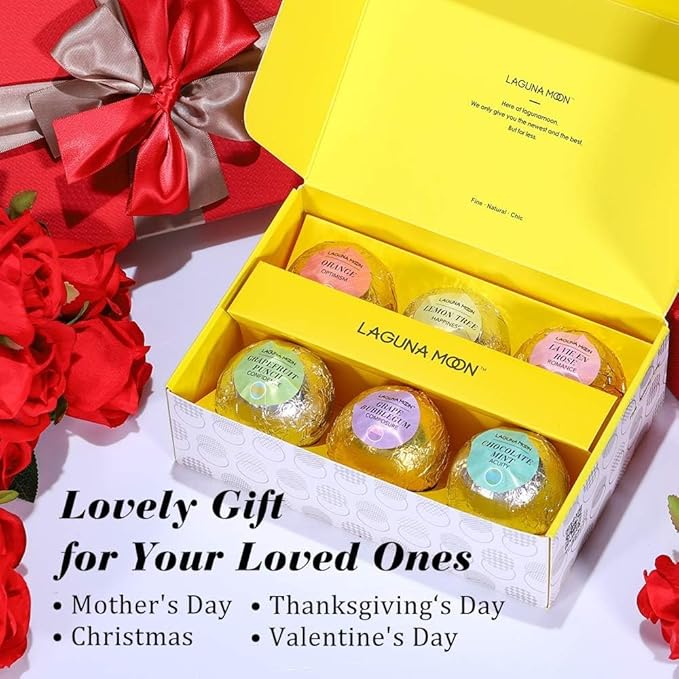 Lagunamoon Bath Bombs Gift Set, 6 Piece XXL Handmade Fizzy Shower Bombs with Essential Oils, Coconut Oil to Moisturize Dry Skin - Relaxing Spa Day for Women, Men, Kids - Birthday, Anniversary