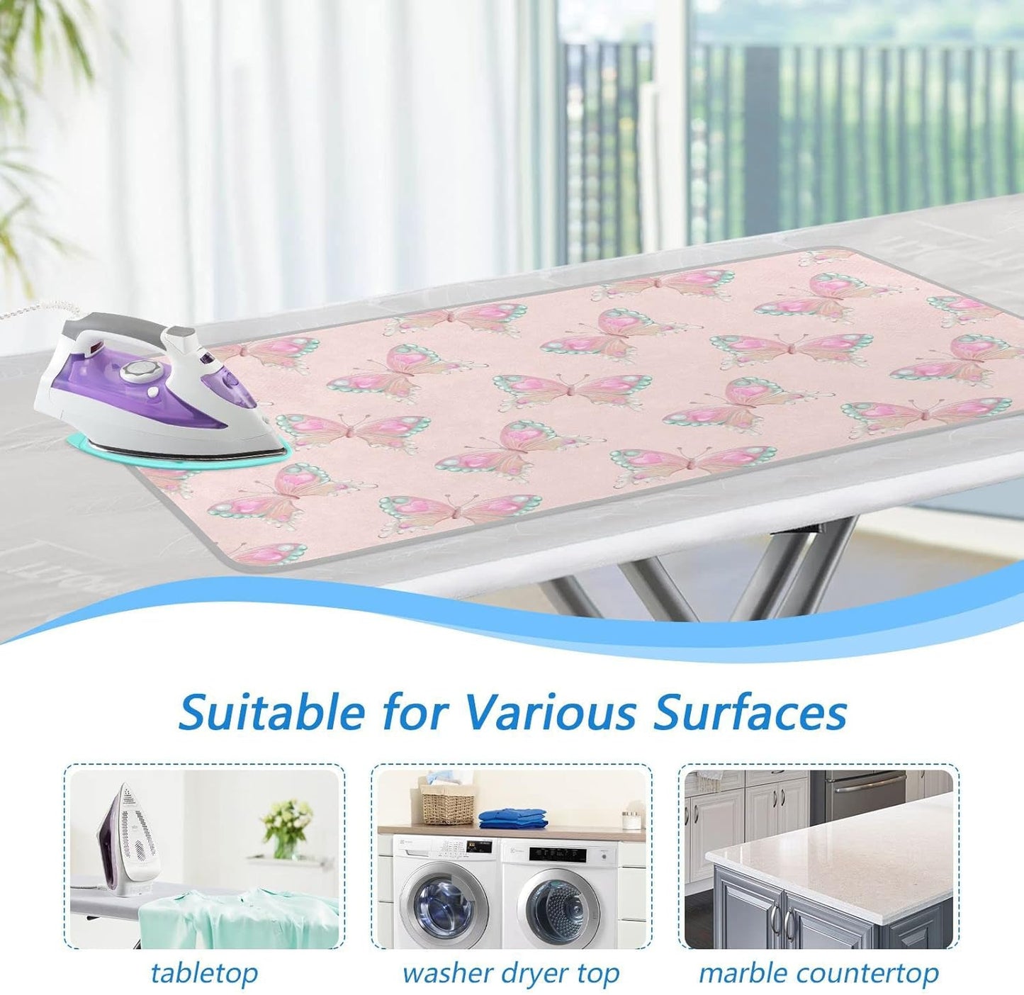 Ironing Mat Portable Ironing Pad Ironing Blanket for Table Top Heat Resistance Double-Side Using Travel Large 47.2 x 27.6 Inch Foldable Lightweight Pink Butterfly