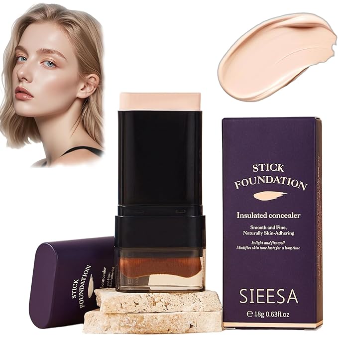 Korean Dual Ended Foundation Stick with Brush, 2 in 1 Concealer Foundation Stick & Contour Makeup, Hydrating Formula - Lightweight, Waterproof, Covers Blemishes (Ivory White)