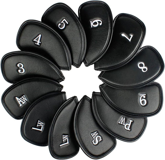 Golf Iron Head Covers (12-Pack) Synthetic Leather Waterproof Club Head Covers for Standard Irons – Magic Tape Closure, Universal Fit & Anti-Loss Design