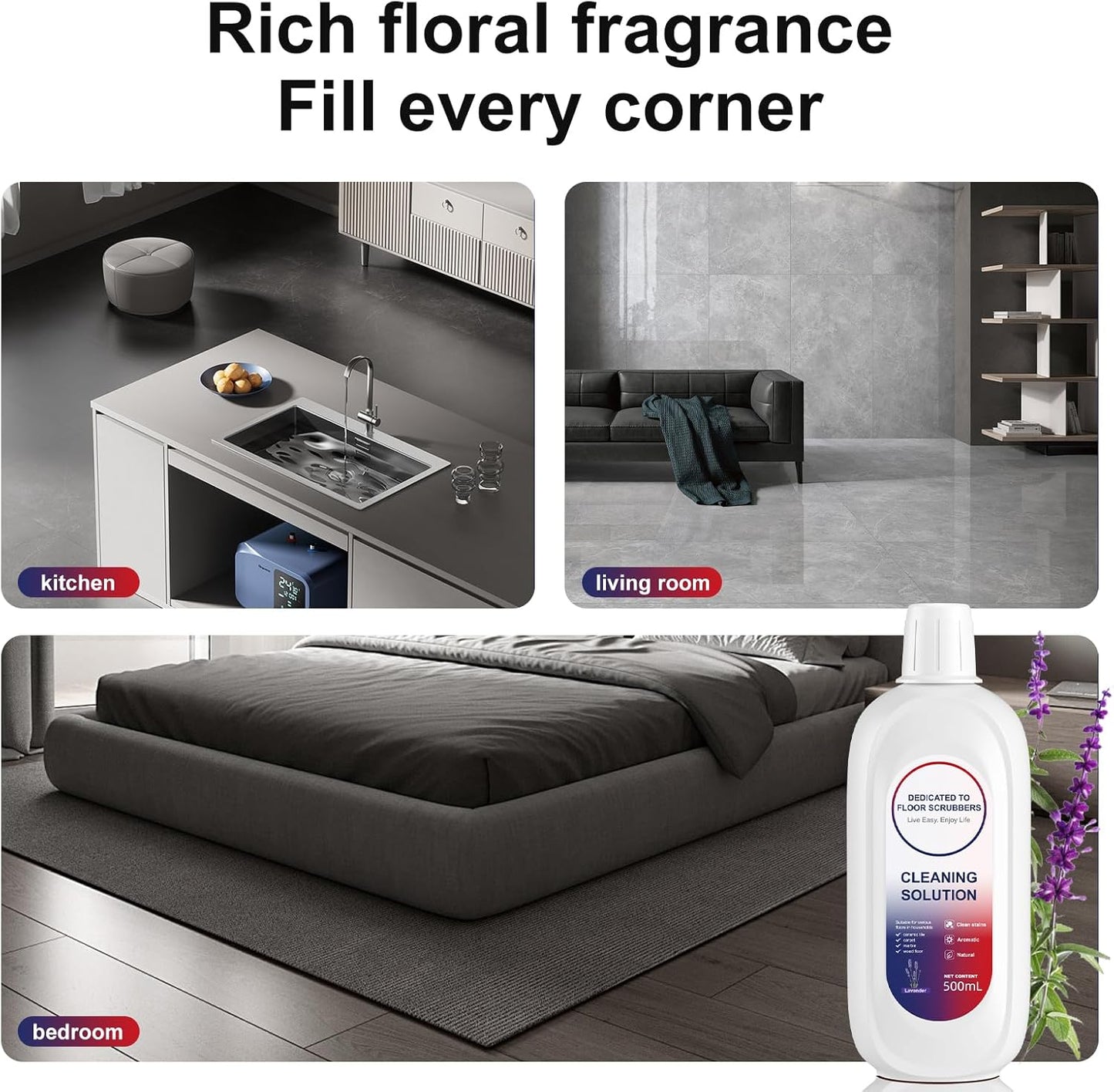 Floor Cleaning Solution 500ml Lavender Fragrance Cleaning Solution Refill Compatible With TINECO iFLOOR, iFLOOR 3, S3, S5, S5 COMBO, S5 Pro 2, One S6, S7 PRO, S7 COMBO Wet Dry Vacuum (2 bottle)