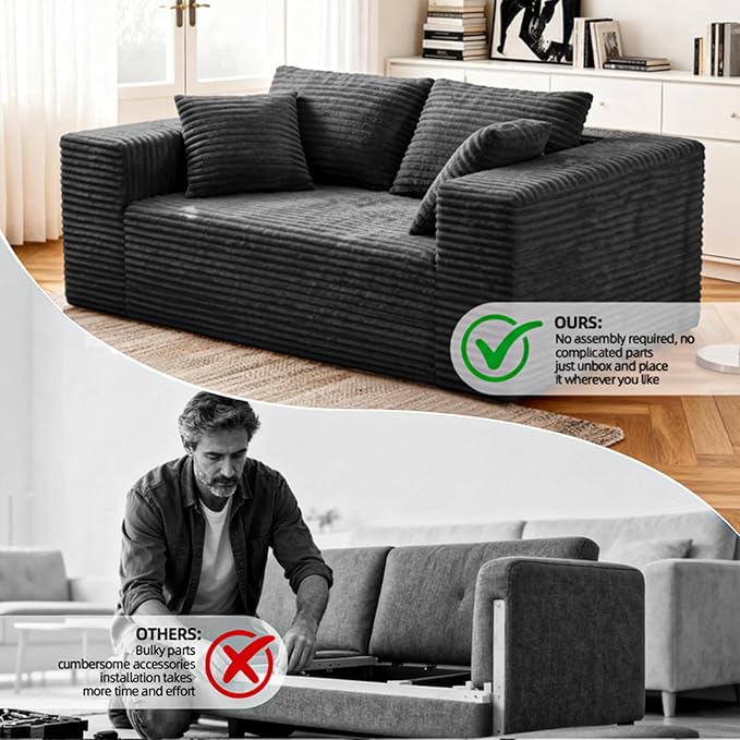 2-Seater Deep-Seat Corduroy Lounge Sleeper Sofa - No Assembly, Frameless Foam Cloud Couch for Living Room, Bedroom, Apartment, Dorm, Office