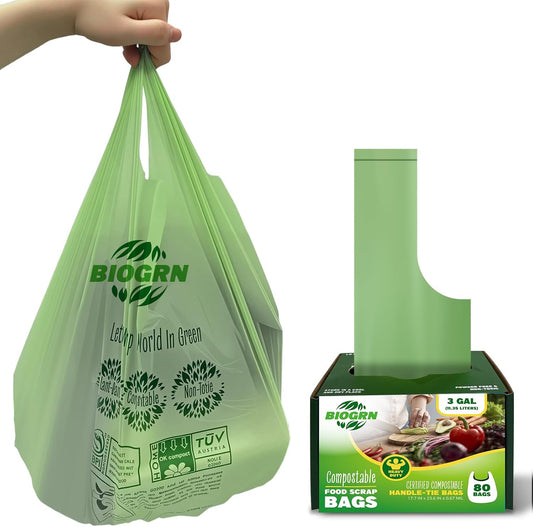 2.6-3 Gallon Compostable Trash Bags with Handles 80 Count 0.67 Mil 11.36 L Small Kitchen Wet Food Scrap Waste Compost Bag for Countertop Bin ASTM D6400 US BPI and OK Compost Home Certified
