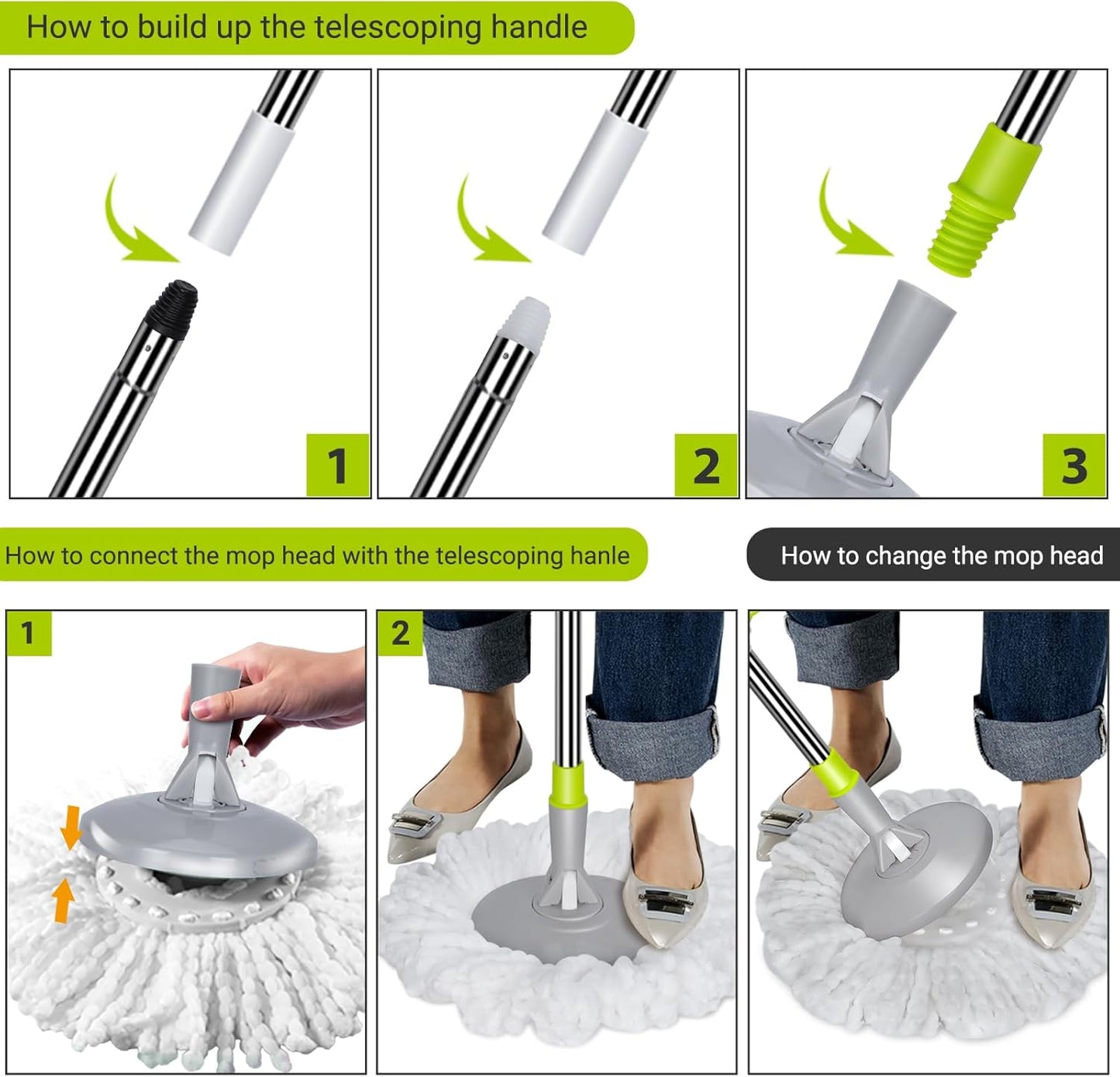 MASTERTOP Mop and Bucket with Wringer Set, Small Spin Mop Cleaning System with 3 Mop Pads,Spinning Mop Bucket for Floor Cleaning, 50.4" Extended Handle