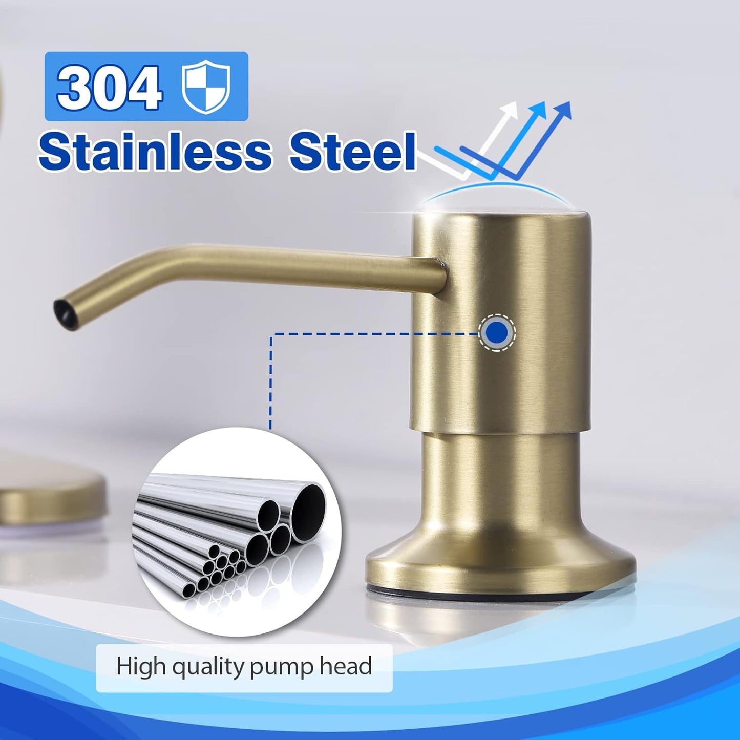 Gold Soap Dispenser for Kitchen Sink, WEWE Brushed Gold Soap Dispenser with Long Spout and Gold Soap Pump Built in Countertop Under Sink Stainless Steel