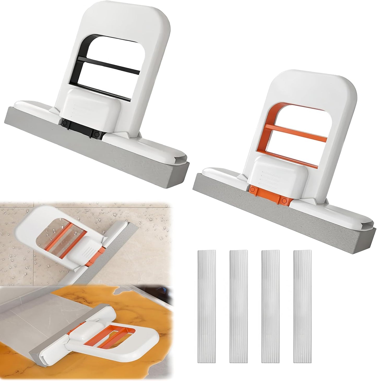 Mini Foldable Desktop Mop, Portable Cleaning Sponge Mop Self-Squeeze Sponge Cleaning Tool for Wet Dry Use on Kitchen Countertops Glass Bathroom Car (Orange & Gray)