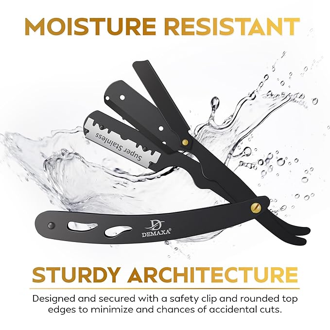 100 Straight Razor Blades with DEMAXA Shavette Straight Razors for Men - Navajas Para Barbero Professional Barber Razor Blade for Close Shaving with soft Pouch - Straight Edge Razors for men