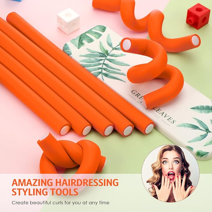 WILLBOND 60 Pieces Flexible Curling Rods Hair Curlers Rollers Twist Flexi No Heat Rods Rollers for Long Short Hair Women(0.7 x 9.5 Inch,Orange)