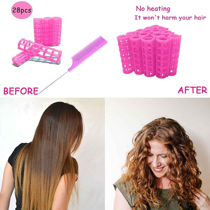 28PCS Plastic Hair Rollers Set 1.5cm/0.6in Heatless Hair Rollers Hair Curlers Snap on Rollers Self Grip Rollers Hairdressing Curlers Tools for DIY Hairdressing Hair Salon(pink)