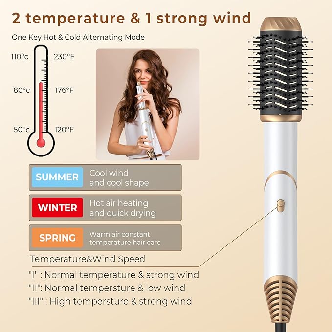 6 in 1 Hair Dryer Brush, Foldable Blow Dryer Brush with Wrap Curler, Detachable Air Hair Styler Curling, Drying,Volumizing, Straightening, Negative Ionic Hair Dryer with Diffuser, Hair Styling Tools