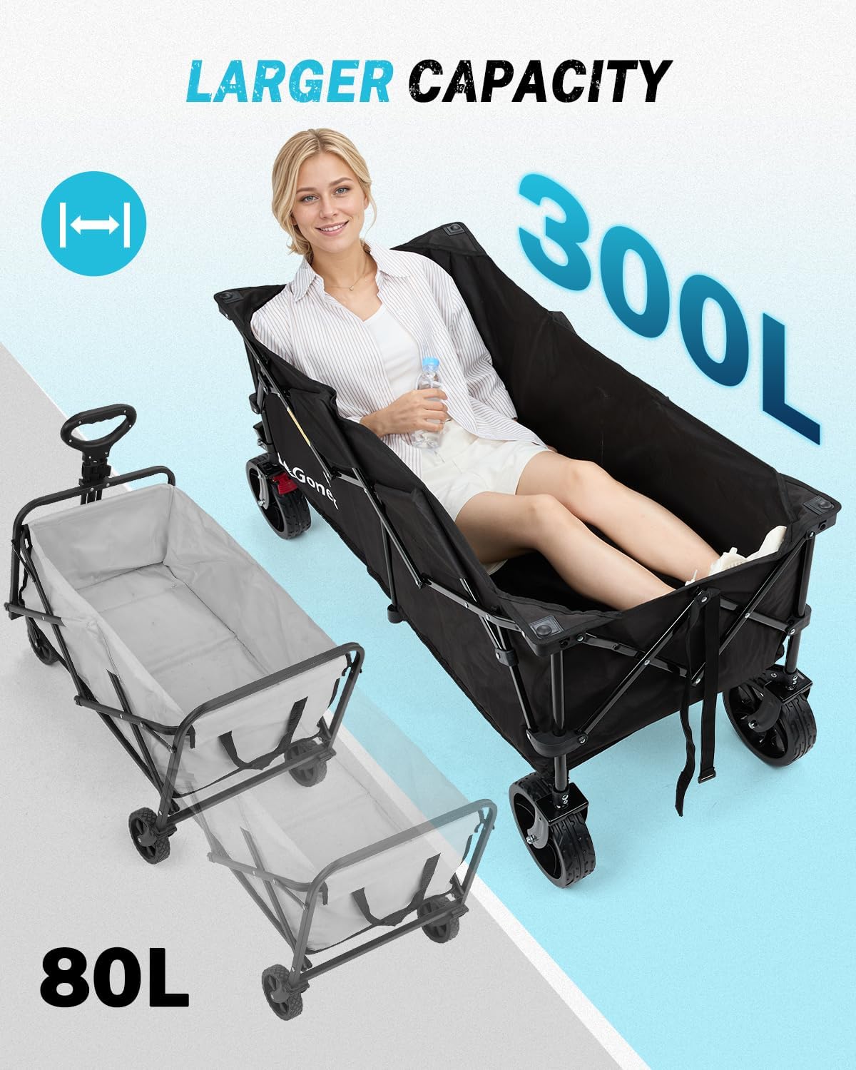 Gonex 48''L Collapsible Foldable Heavy Duty Oversized Wagon with 440lbs Weight Capacity, 300L Folding Large Utility Garden Grocery Shopping Cart with 8" H All-Terrain Wheels & 2 Drink Holders - Black