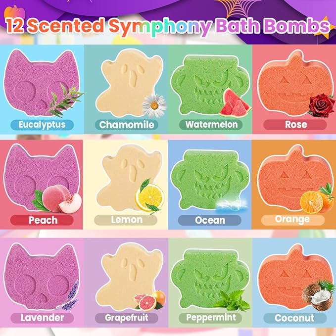 12Pcs Halloween Bath Bombs with Surprise Toys Inside, Trick or Treat Present Set Ghost Shape Organic Natural Bubble Bath Fizzy for Kids Boys Girls