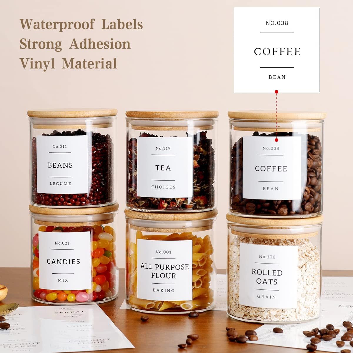 20 OZ Glass Food Storage Jars with 132 Pantry Labels Preprinted - 6 Pcs Thicken Glass Storage Containers with Airtight Bamboo Lid - Clear Kitchen Canister for Spice, Tea, Coffee, Sugar, Cookie, Candy