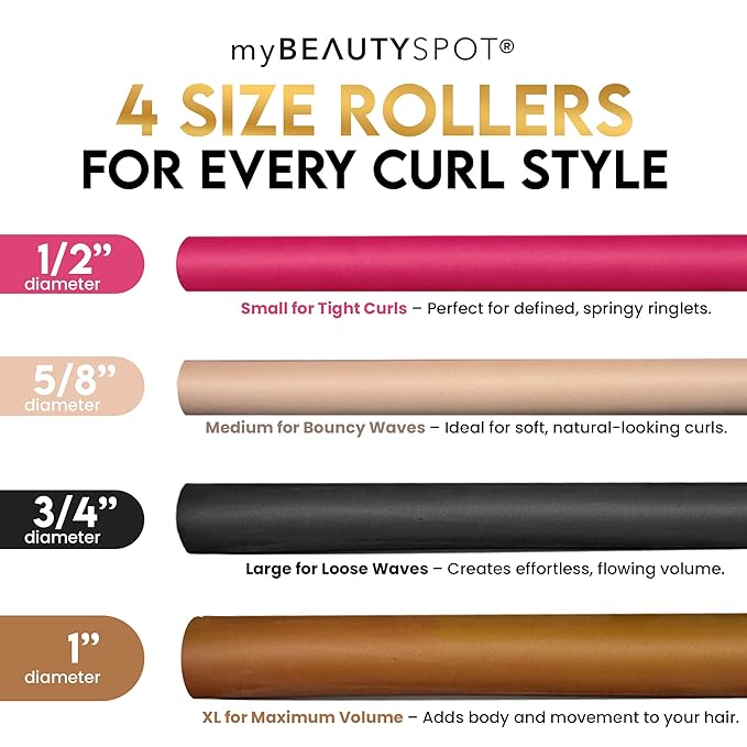 My Beauty Spot Flexi Rods Foam Hair Rollers -1/2" 5/8" 3/4" 1" Diameter- Professional Salon Quality 18 Pcs Rubber Hair Rollers for Long, Medium, and Short Hair, Hair Curlers to Sleep in for Women