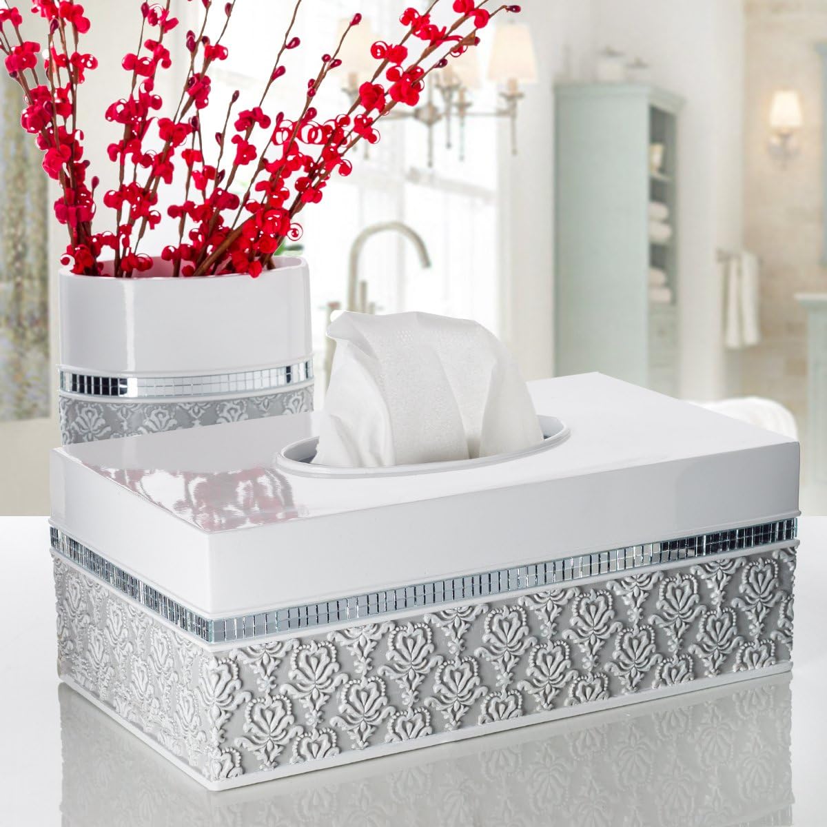 Creative Scents Mirror Damask Toothbrush Holder for Bathroom - Gray & White Toothbrush and Toothpaste Holder - Decorative Toothbrush Cup for Bathroom Holds Multiple Standard Or Electric Toothbrushes