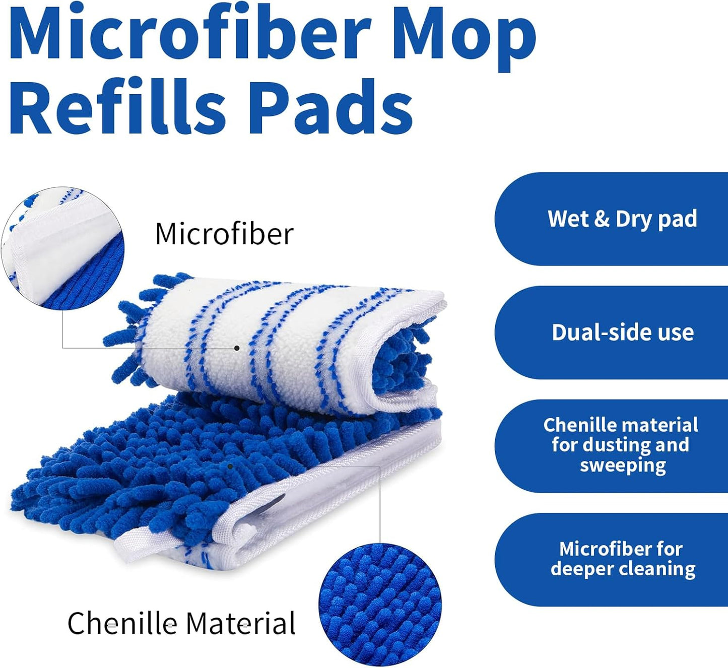4 Pack Mop Heads Replacements Compatible with O-cedar Dual-Action Flip Mop, Chenille + Microfiber Mop Refills for Dry/Wet Use, Reusable and Machine Washable Dust Mop Cloths for Hardwood Floor Cleaning