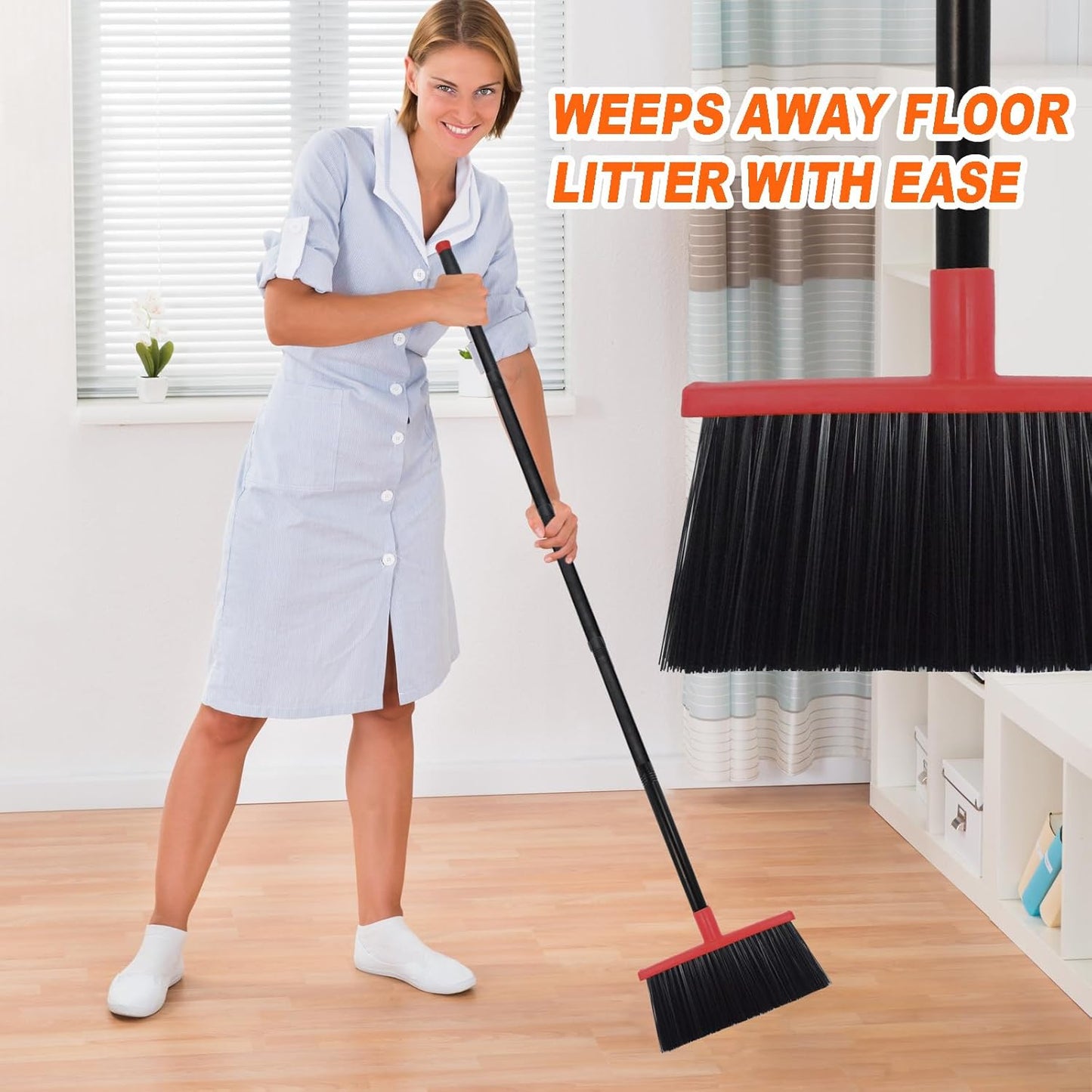 Heavy-Duty Adjustable Angle Broom with 56" Steel Handle - Ideal for Home, Garage, Kitchen, Bathroom, Office, and Outdoor Use - Durable & Efficient Cleaning Tool for Hard Floors (Red)