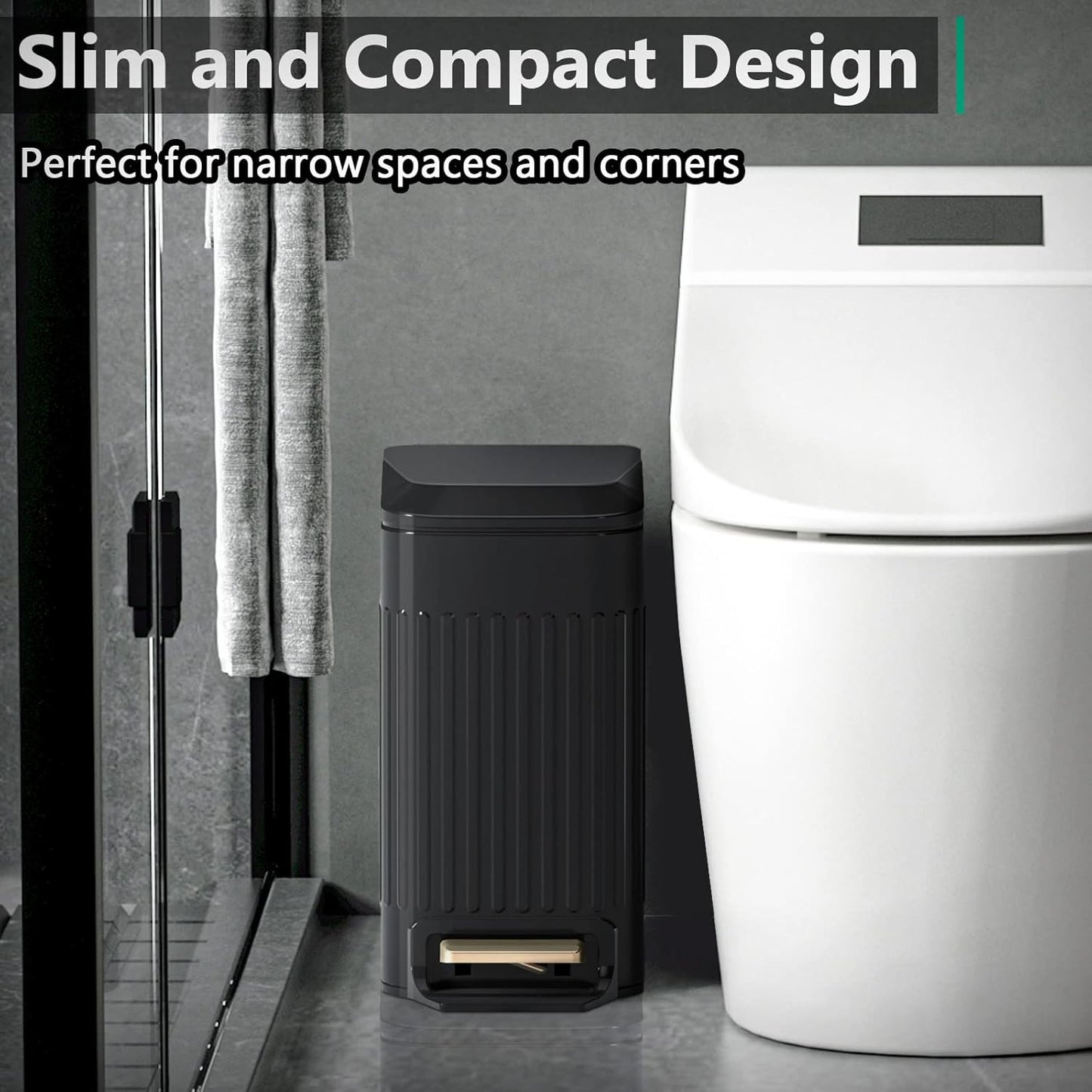 CEROELDA Small Bathroom Trash Can with Lid Soft Close-5L/1.3 Gal Slim Garbage Can-Metal Step Wastebasket-Rectangle Narrow Waste Bin for Office, Bedroom, Toilet, Live Room (Embossed-Black)
