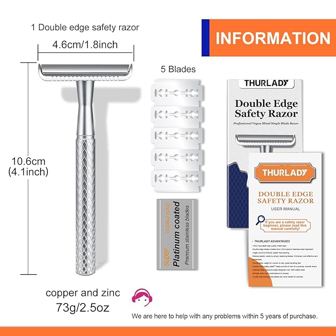 Matte Silver Safety Razor - Single Blade Razors for Men - Reusable Metal Razor, with 5 Stainless Steel Double Edge Blades, Smooth Close Shave, Sustainable, Plastic Free