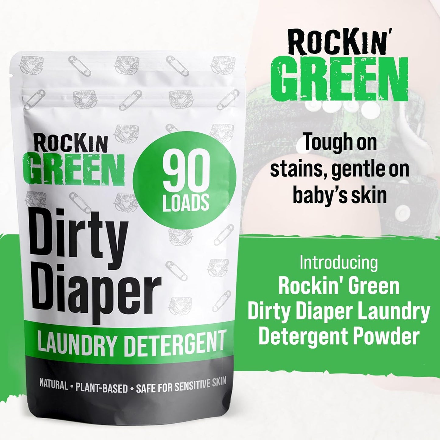 Rockin' Green Laundry Detergent, Plant based, All Natural Laundry Detergent Powder, Vegan and Biodegradable Odor Fighter, Safe for Sensitive Skin (Baby Cloth Diaper 90 Loads Unscented)