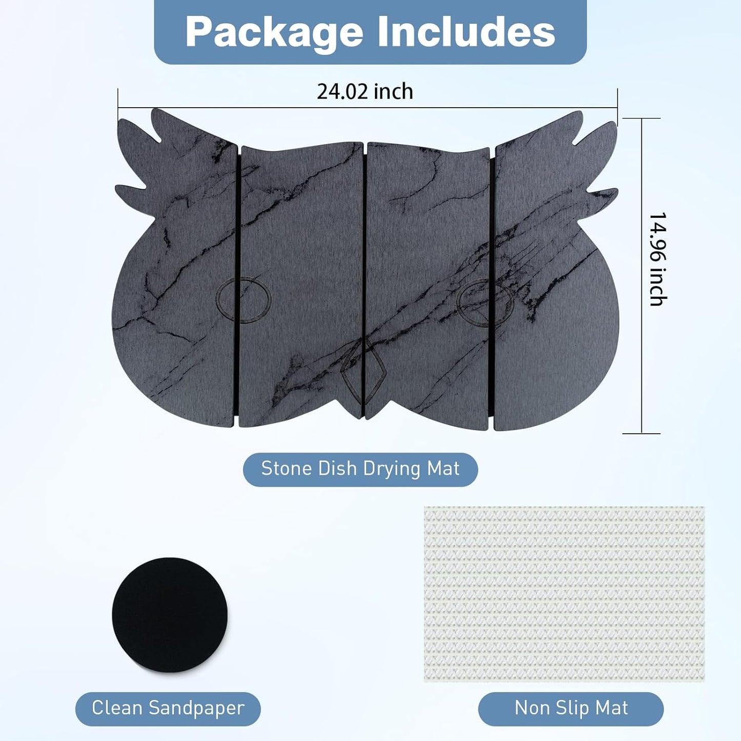 Large Stone Dish Drying Mat for Kitchen Counter,24"(L)×16"(W) Quick Dry Absorbent Diatomaceous Earth Dish Drying Mats,Owl Shape Design Drying Pads for Cups Dishes Bottles (DarkGray)