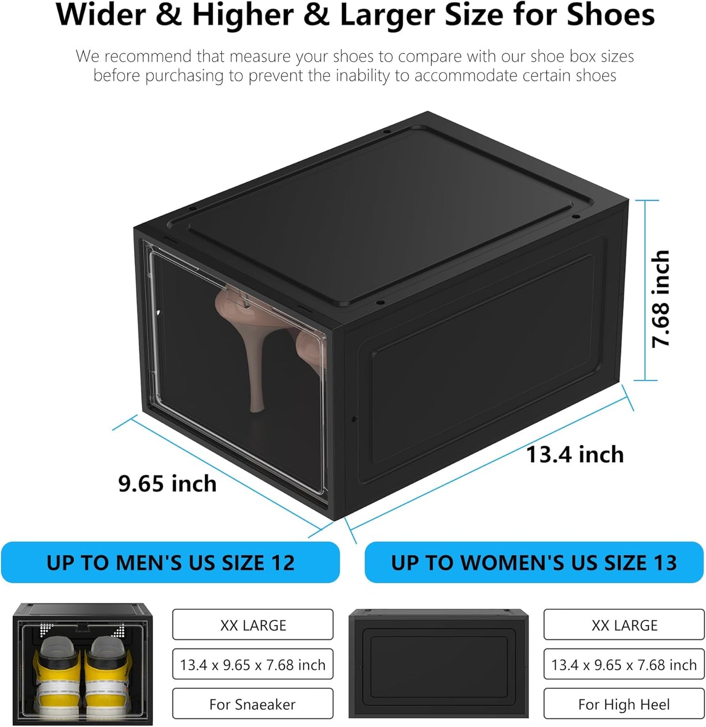 12 Pack Hard Sturdy Thickened Rigid XX Large Shoe Storage Organizer for Closet, Clear Stackable Sneaker Shoe Boxes Rack Containers Display Case Bins with Lids, Black03