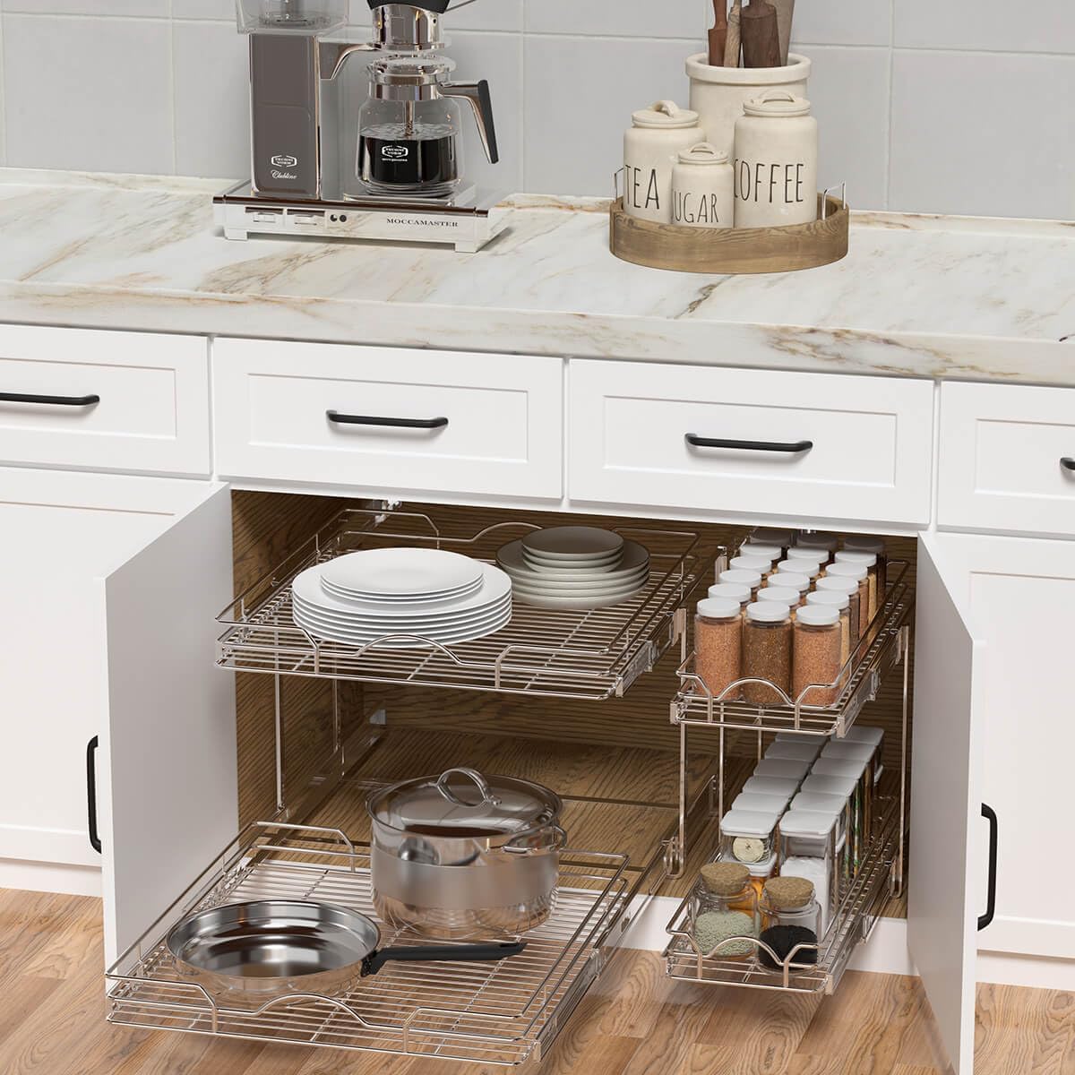 OCG 2 Tier Pull Out Cabinet Organizer (21.5" W x 18" D), Pull Out Shelves for Kitchen Cabinets, Slide Out Pantry Shelves for Base Cabinet Organization in Kitchen Bathroom Pantry, Chrome Finish