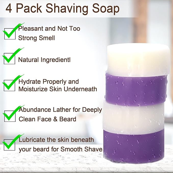 4 Packs Shaving Soap w/Shaving Bowl,Shaving Brush,Shaving Cream,Unqiue Gift Set Mens Shaving Kit for Christmas Stocking Stuffers for Him Boyfriend Dad Adult Husband Birthday Valentines Day