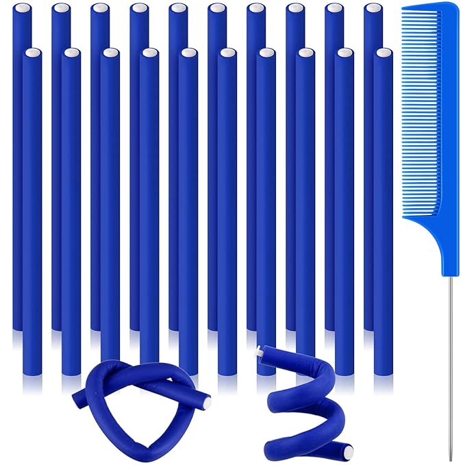 Chuangdi 20 Pcs Flexible Curling Rods Twist Foam Hair Rollers Soft Foam Hair Rods Rollers Curlers and Pintail Comb for Women Long and Short(0.31 x 9.4 Inch,Royal Blue)