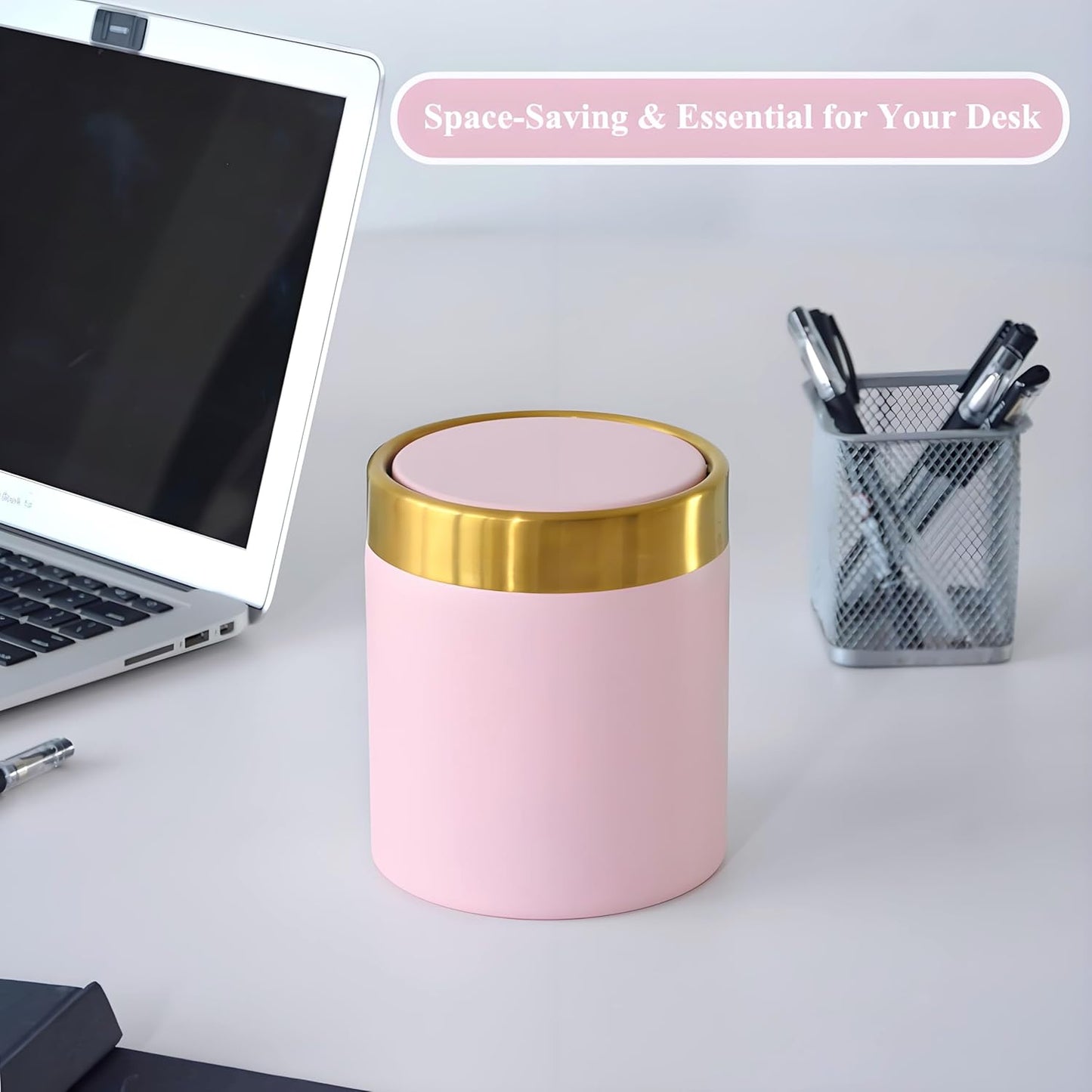 Mini Trash Can with Lid, Metal Small Tiny Mini Trash Bin Can, Mini Countertop Trash Cans for Desk Car Office Kitchen, Swing Top Trash Bin 1.5 L/0.40 Gal (Pink)