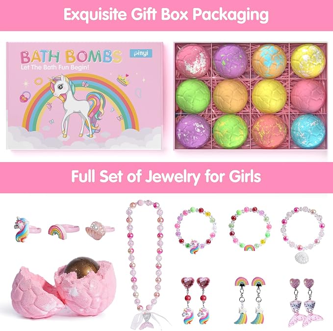 Kids Bath Bombs for Girls with Toys Inside, 12+1 Pack Unicorn Bath Bombs with Surprise Jewelry for Kids, Princess Girls BathBombs with Mermaid Necklace 3 4 Year Old Girl Birthday Easter Gifts