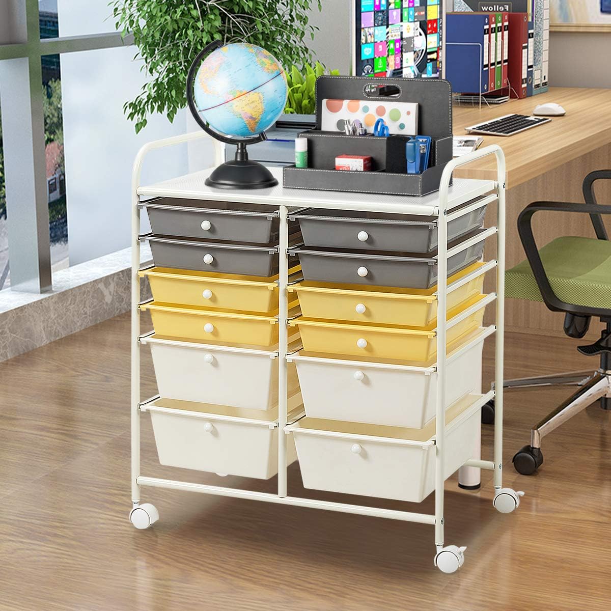 GOFLAME 12-Drawer Rolling Storage Cart, Multipurpose Organizer Cart with 2 Sizes Plastic Drawers, Mobile Utility Cart with Lockable Casters for School, Home Office, Beauty Salon, Yellow