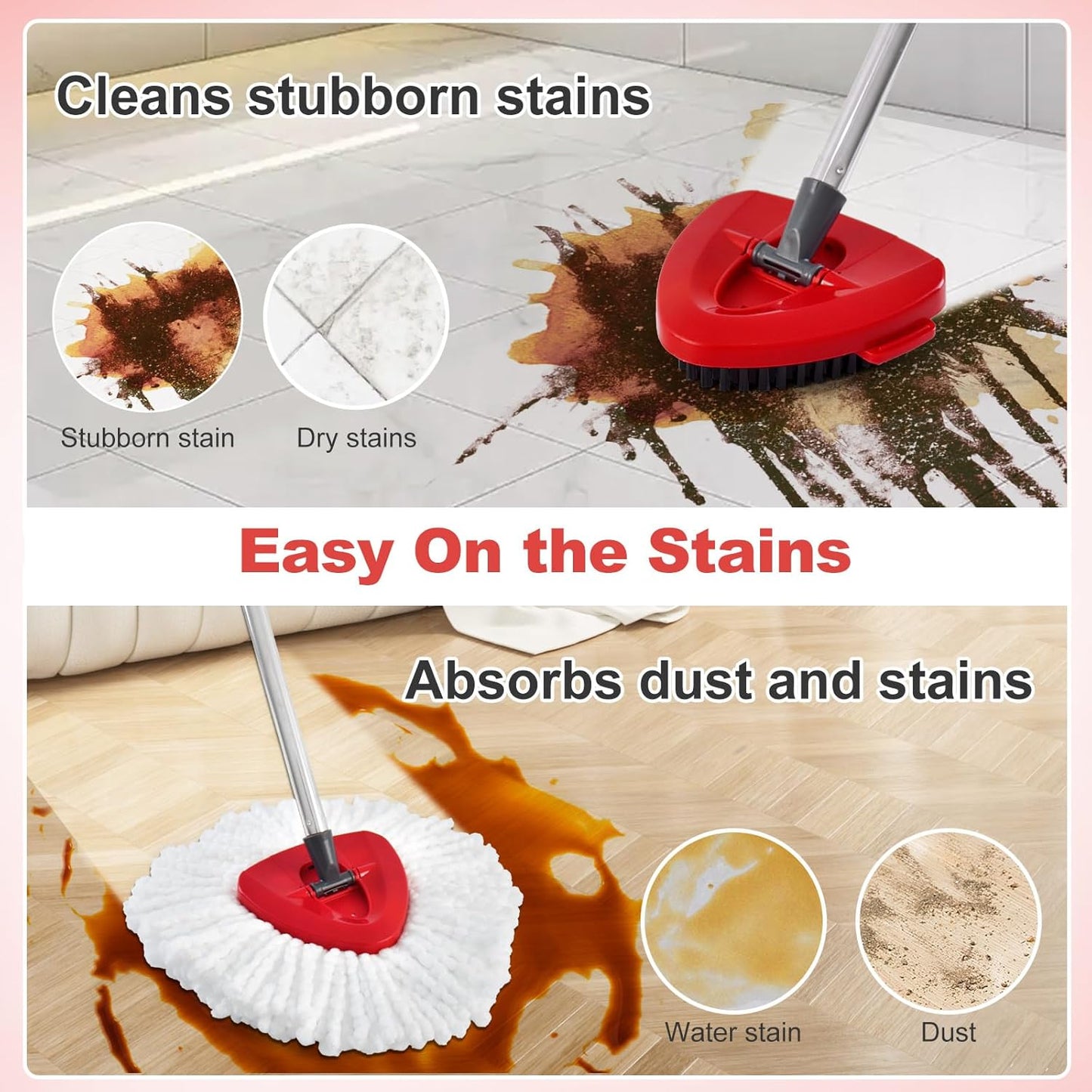 Spin Mop Heads Replacements for O Ceda EasyWring 1-Tank System, 4-Section Stainless Steel Mop Handle, 2 Microfiber Mop Head Refills, 1 Base and 1 Scrub Brush Combo Set for Floor Cleaning