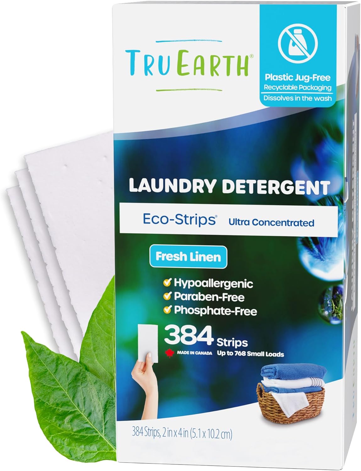 Tru Earth Compact Dry Laundry Detergent Sheets, Bulk, up to 768 Loads (384 Count) - Paraben-Free - Original Eco-Strip Liquidless Detergent, Travel Sheets - Fresh Linen