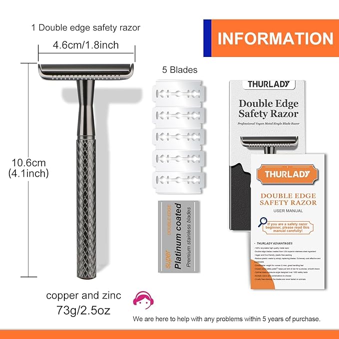 Gun Black Safety Razor - Single Blade Razors for Men - Reusable Metal Razor, with 5 Stainless Steel Double Edge Blades, Smooth Close Shave, Sustainable, Plastic Free