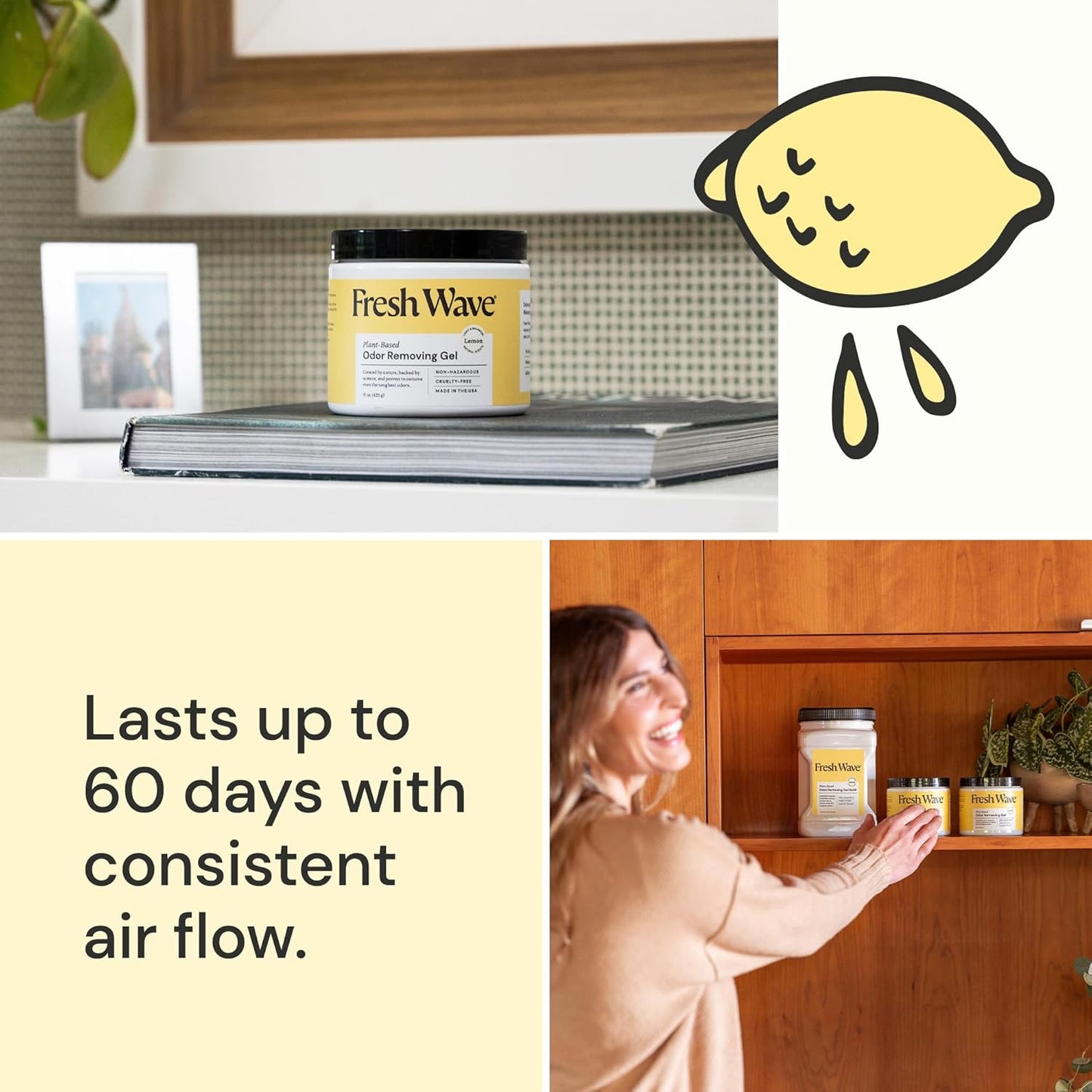 Fresh Wave Lemon Odor Removing Gel, 15 oz., Pack of 2 - Safer Odor Absorbers for Home, Natural Plant-Based Odor Eliminator, Every 15 oz. lasts 30-60 Days, For Cooking, Trash & Pets