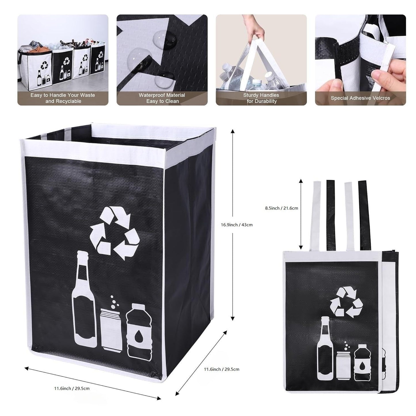 Recycle Waste Bag for Kitchen Home- Indoor Recycling Bins Trash Sorting Organizer, Reusable and Waterproof, 2 Pack