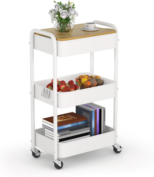 3 Tier Metal Utility Cart, Rolling Storage Cart with Wooden Tabletop, Metal Organizer Cart with Lockable Wheels for Office, Bedroom, Kitchen and Living Room (White)