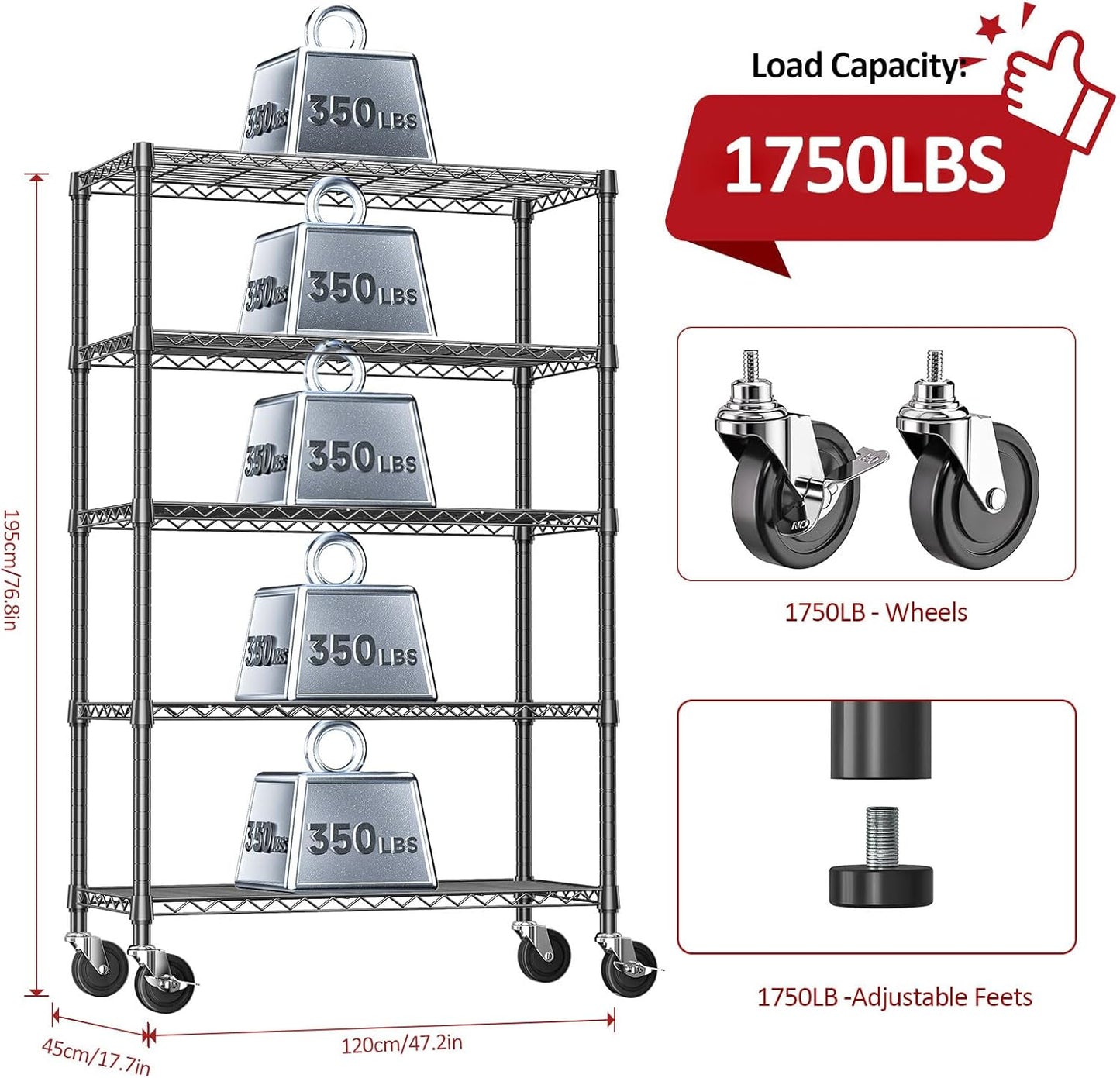 IZEUK 5-Tier Adjustable Heavy Duty Steel Wire Shelving Unit with Wheels, Storage Rack Organizer for Garage, Kitchen, Office, Laundry, Basement (Black, 17.7" D x 47.2" W x 76.7" H, 1750 lbs Capacity)